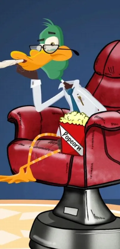 Cartoon duck sitting in a red chair with popcorn.