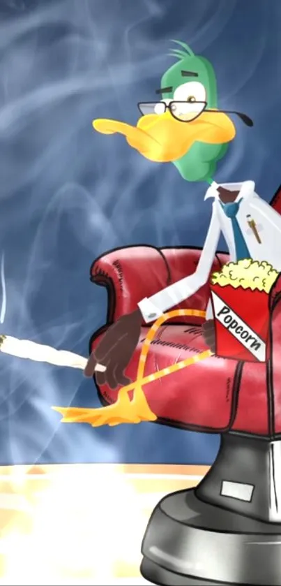 Cartoon duck sitting on red chair with popcorn and smoke.