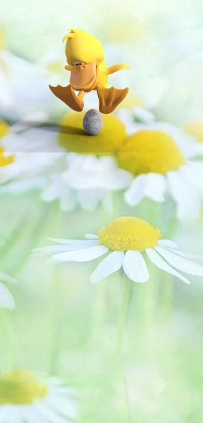 Yellow cartoon duck balancing on daisies with a soft floral background.