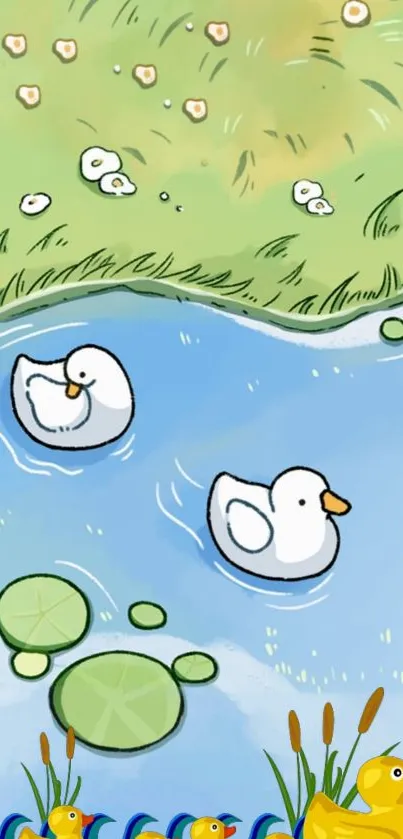 Cartoon ducks swimming in a blue pond.