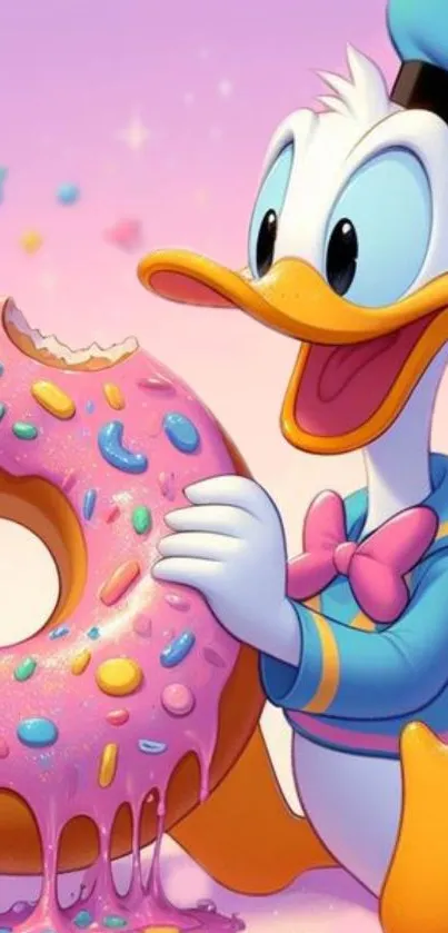 Cartoon duck with a big pink donut in a colorful design.