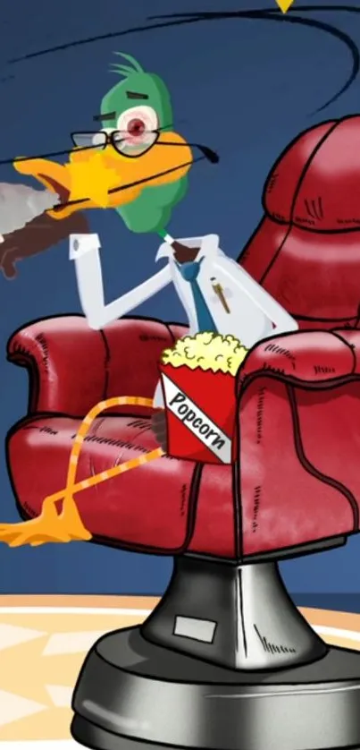 Cartoon duck with popcorn in a red chair, creating a playful wallpaper design.