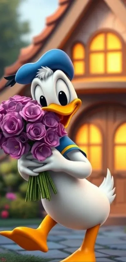Cartoon duck holding roses in front of house.