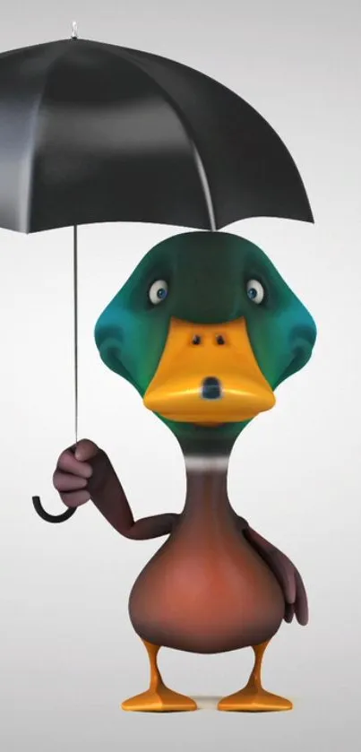 Cartoon duck holding an umbrella on a gray background.