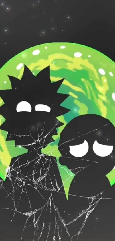 Silhouette of cartoon duo with cracked green vortex background.