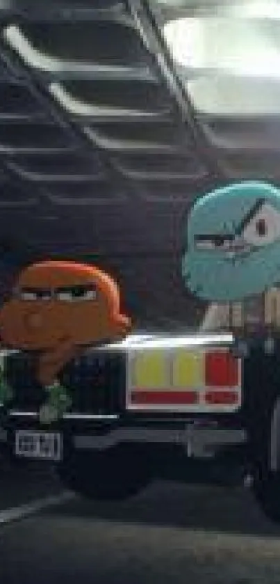 Cartoon duo on a nighttime drive in a dark urban setting.
