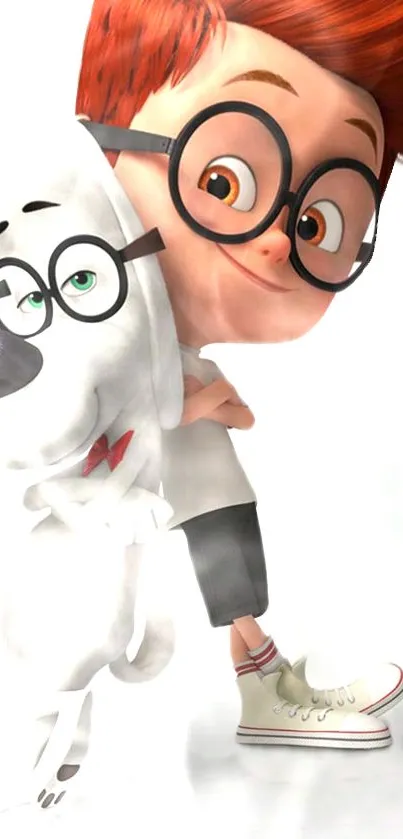 Boy with glasses and white dog cartoon wallpaper.