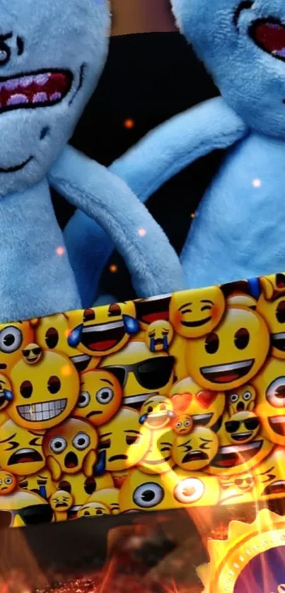 Blue plush toys with emojis on a vibrant phone wallpaper.