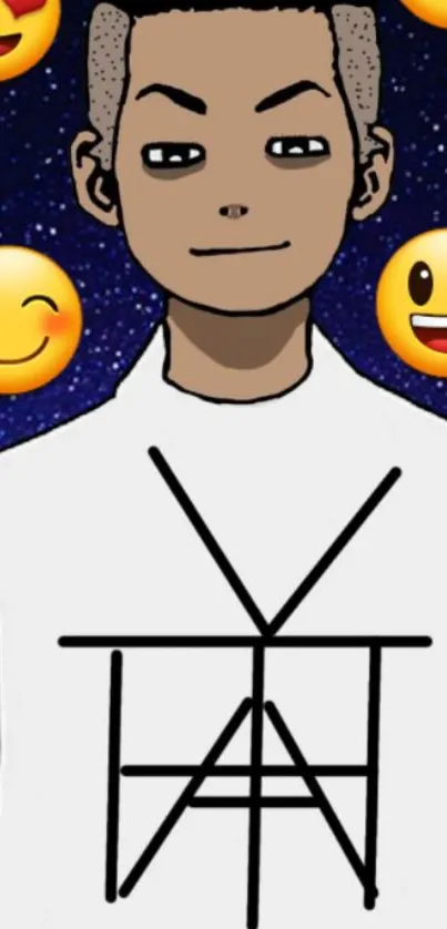 Cartoon character with smiley emojis on a starry background.