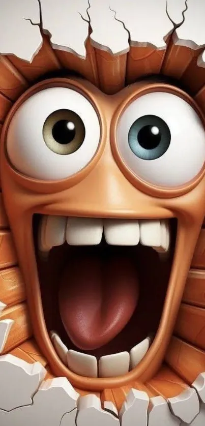 Funny cartoon face breaking through a wall.