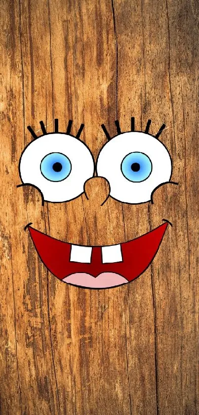 Cartoon face with blue eyes on a wooden background wallpaper.