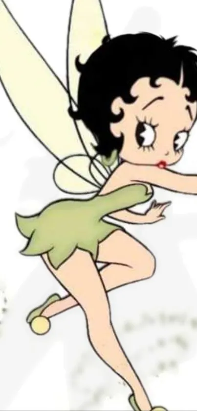 Cartoon fairy character with pastel green dress on white background.