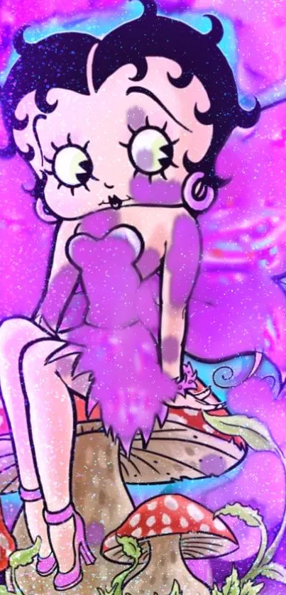 Cartoon fairy sitting on a mushroom in a purple fantasy theme.