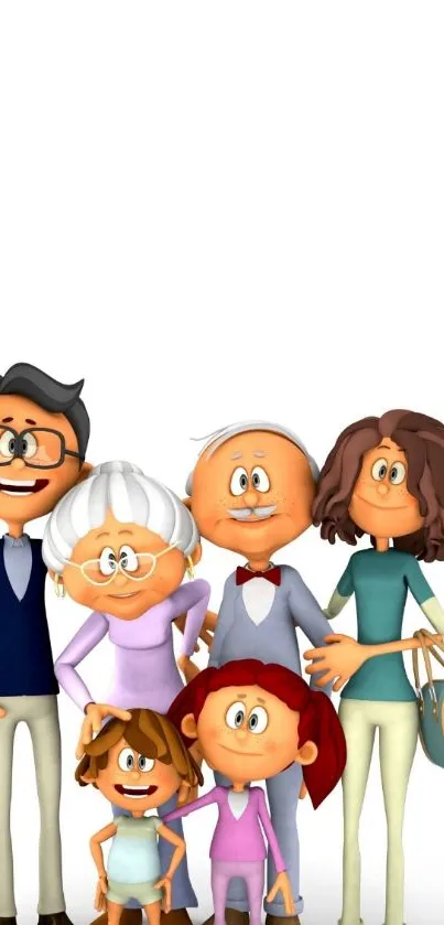 Cartoon family gathering on white background.