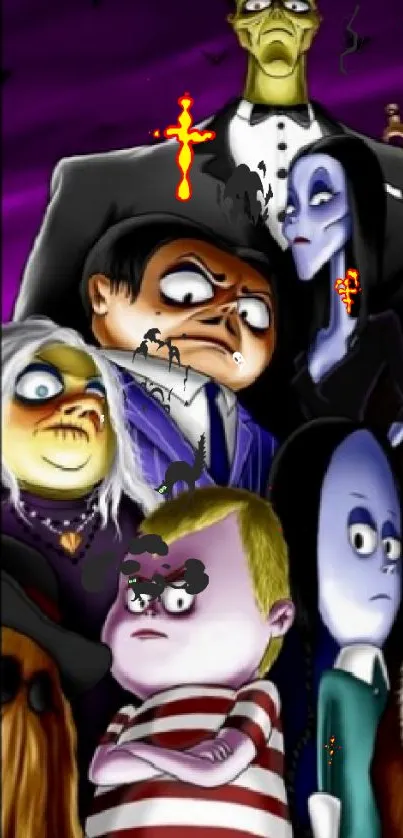 Cartoon family gathering with spooky vibe.