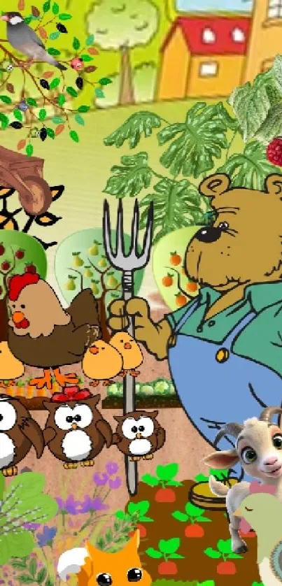 Cartoon bear farmer with farm animals in a vibrant nature scene.