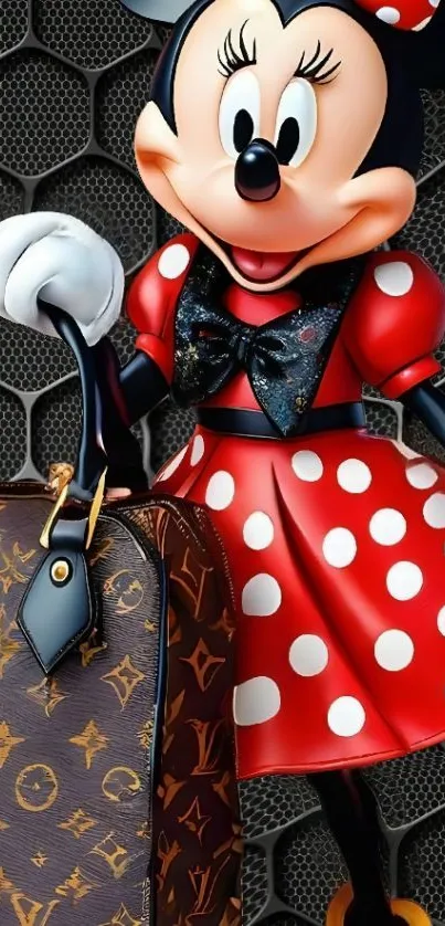 Cartoon character with stylish handbag in red polka dot dress.