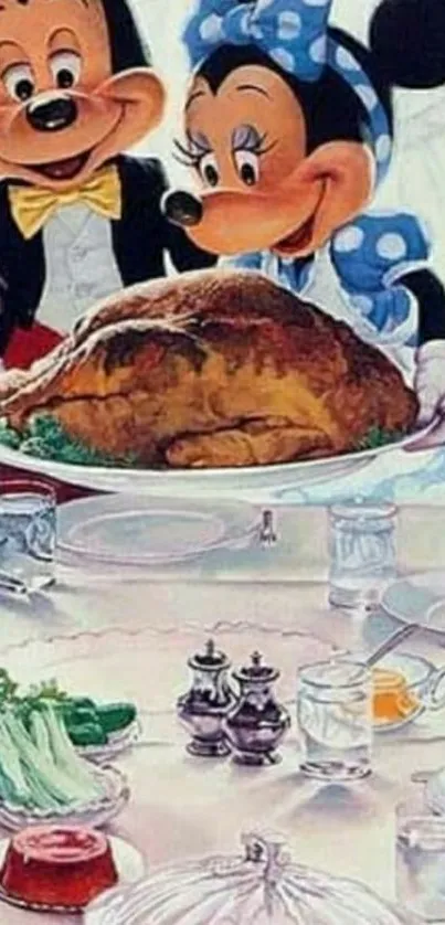 Disney characters celebrating with a festive roasted turkey.