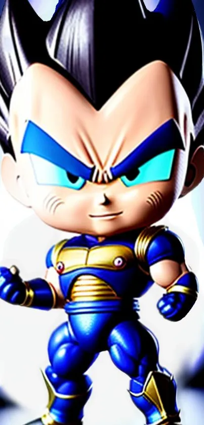 Cartoon fighter in blue suit on a vibrant mobile wallpaper.