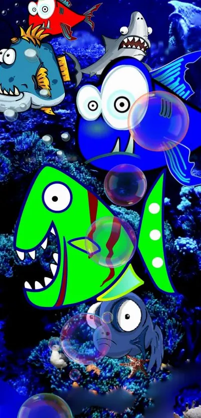 Colorful cartoon fish swim among bubbles in an animated underwater scene.