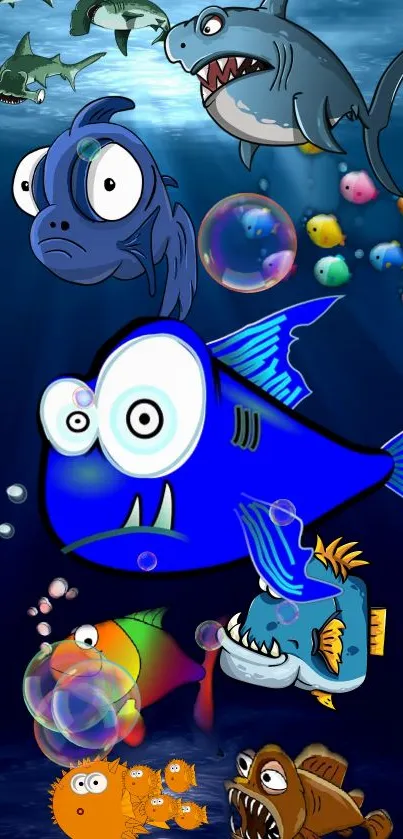 Cartoon fish swim in a colorful underwater scene with playful bubbles.