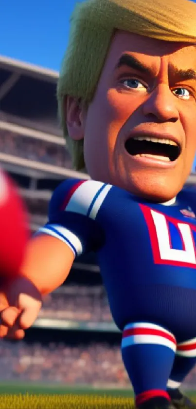 Cartoon football player in a stadium setting with vibrant colors.