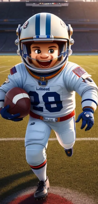 Cartoon football player running on a bright, green sports field.