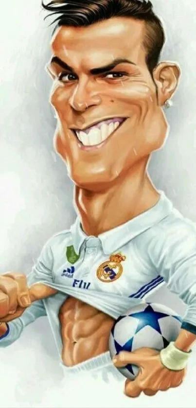 Cartoon football star with a ball in a Real Madrid jersey.