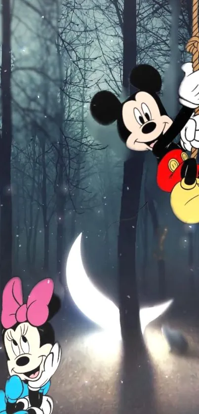 Cartoon characters in a moonlit forest scene with whimsical charm.