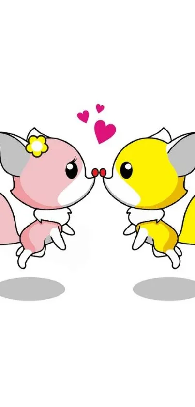 Cute pink and yellow foxes with hearts on a white background.