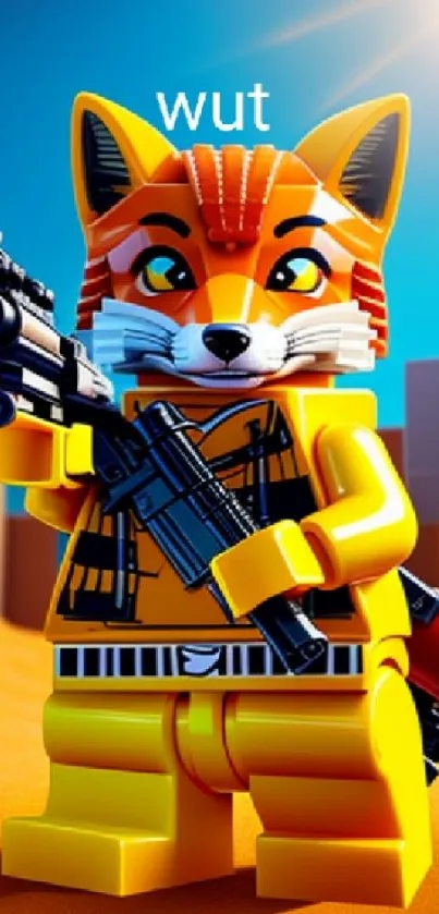 Colorful cartoon fox toy holding a weapon in a desert scene with bright sunlight.