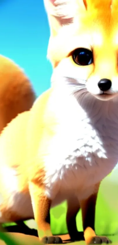 A cute cartoon fox in a vibrant nature setting.