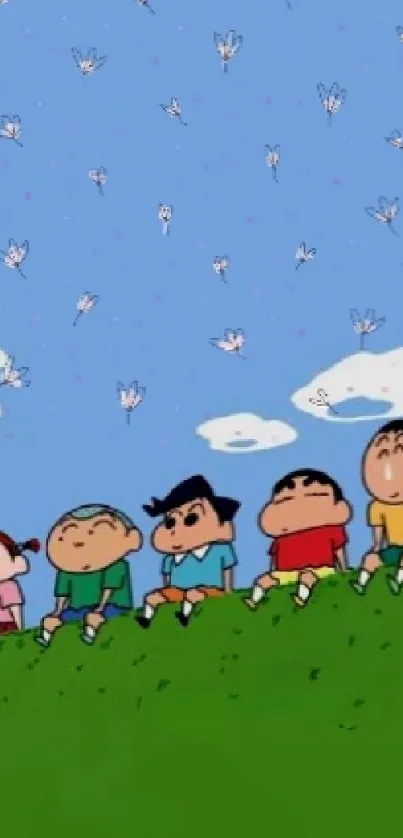 Cartoon friends sitting under a blue sky with butterflies.