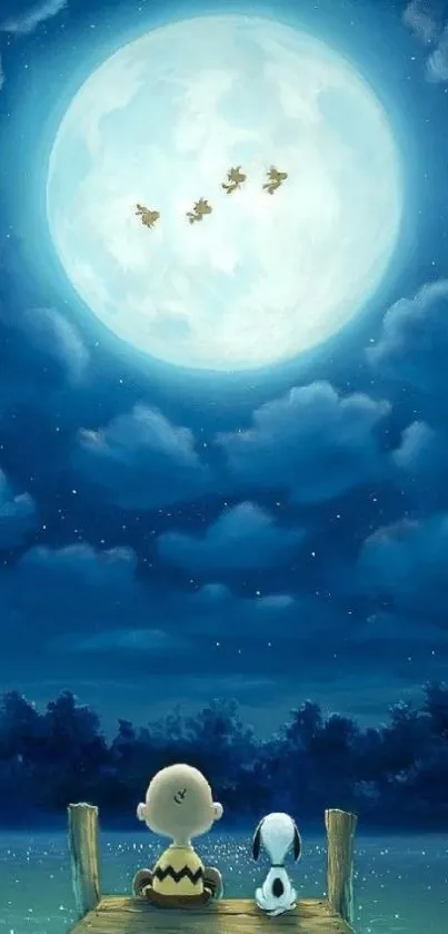 Cartoon characters enjoy a moonlit night.