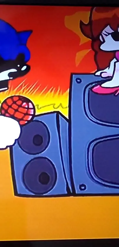 Cartoon characters in a colorful music battle scene with speakers.