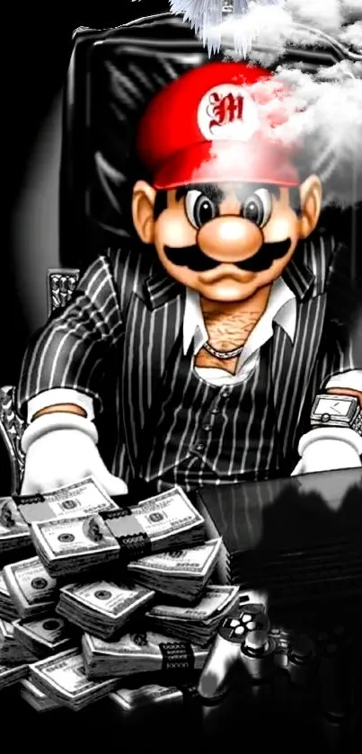 Gangster cartoon character with money stacks.