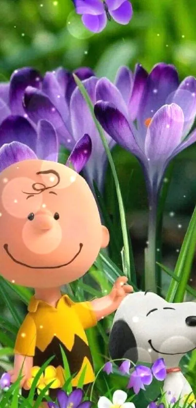 Cartoon characters in a garden with purple flowers and butterflies.