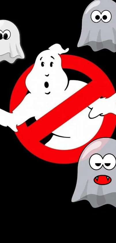 Cartoon ghosts with iconic red symbol on black background.