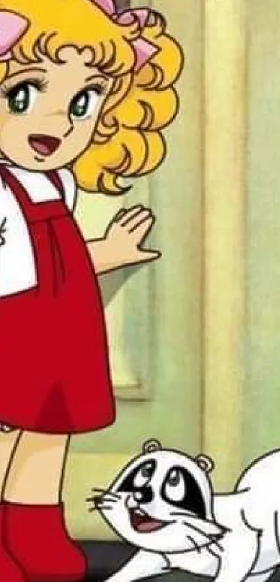 Cartoon girl with blonde curls and raccoon by door.