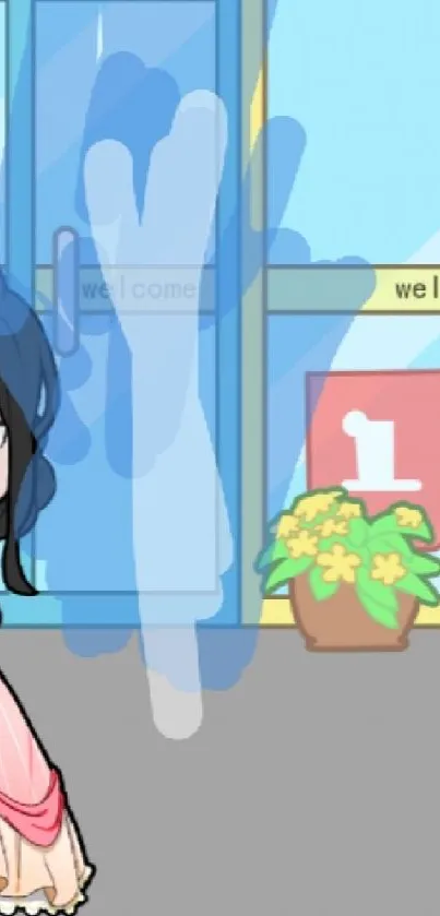 Cartoon girl in floral dress with colorful storefront backdrop.