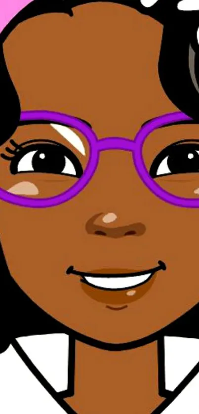 Smiling cartoon girl with purple glasses and floral headband.