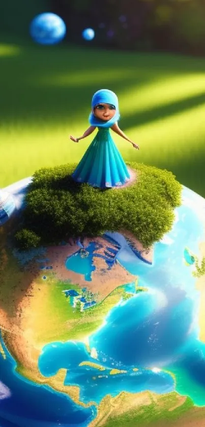 Cartoon girl standing on Earth with vibrant colors and whimsical style.