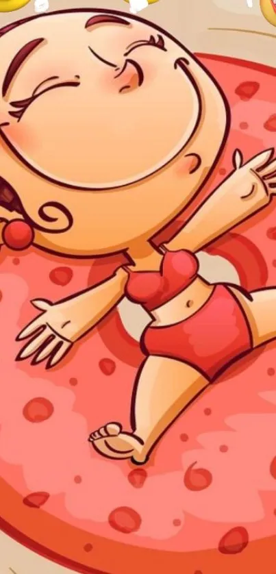 Cartoon girl in red bikini on a float.