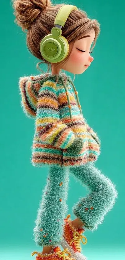 Cartoon girl with headphones and fuzzy outfit on turquoise background.