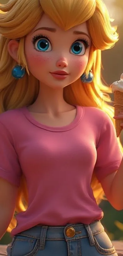 Cartoon girl holding ice cream in sunset.