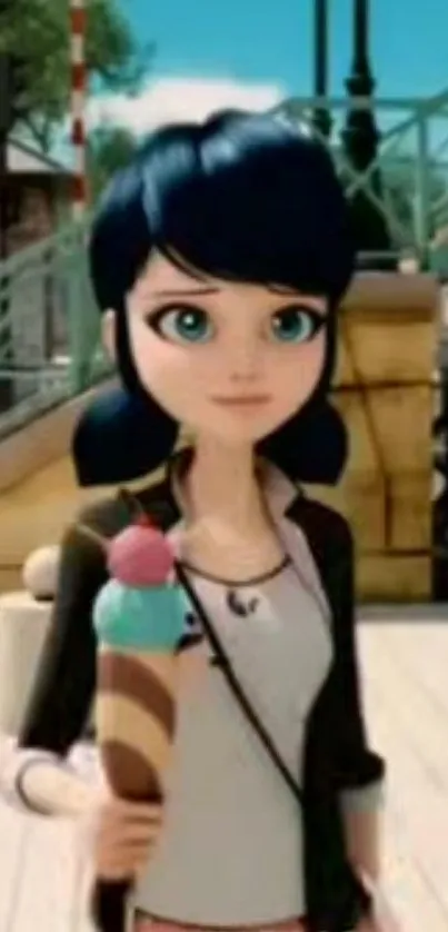 Cartoon girl with black hair holding colorful ice cream in urban setting.