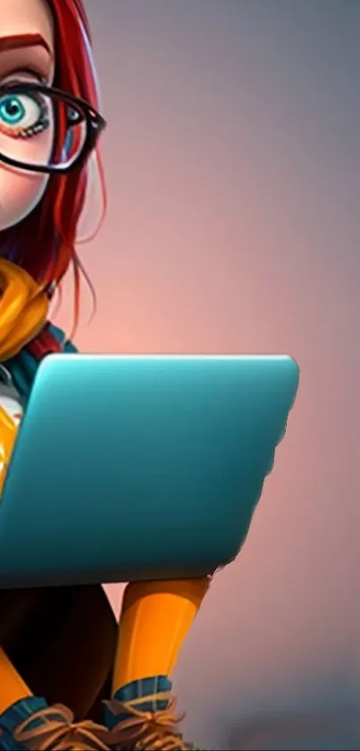Cartoon girl with red hair and glasses using a laptop in vibrant colors.