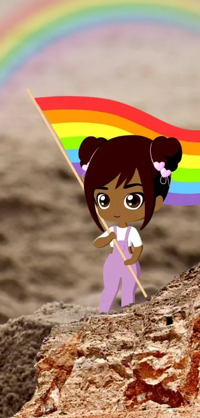 Cartoon girl with a rainbow pride flag on a rocky background.