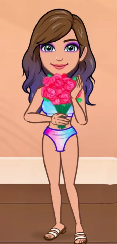 Cartoon girl holding pink roses on a peach background.