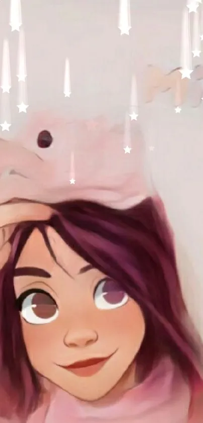 Cartoon girl with purple hair, pink hat, and starry background.